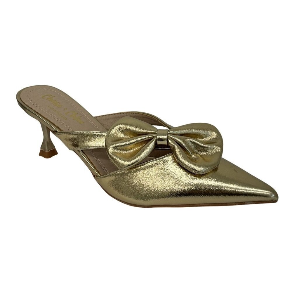 CHASE + CHLOE / Idra-3 / Gold / Pointed-Toe / Kitten Heel / Mules With Bow Accen